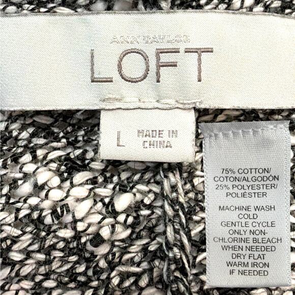 LOFT Marled Open Front Cardigan Sweater Black White Large L Cotton Blend - Picture 4 of 4